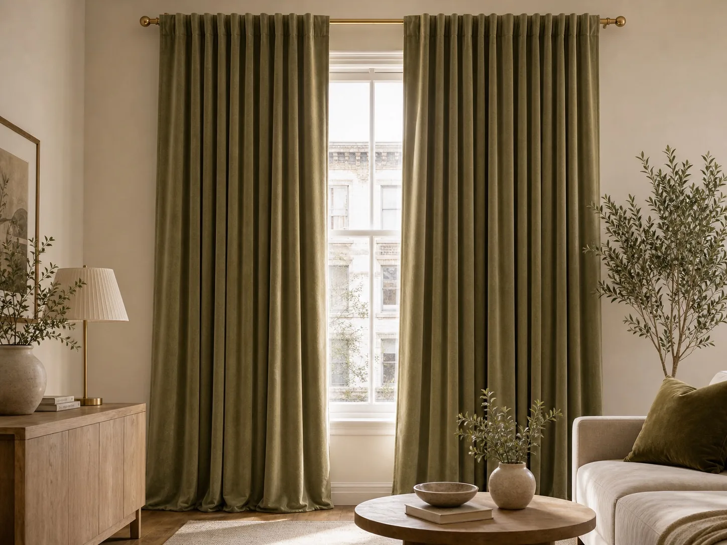 Premium full-height curtain panels hung high and wide in a neutral apartment