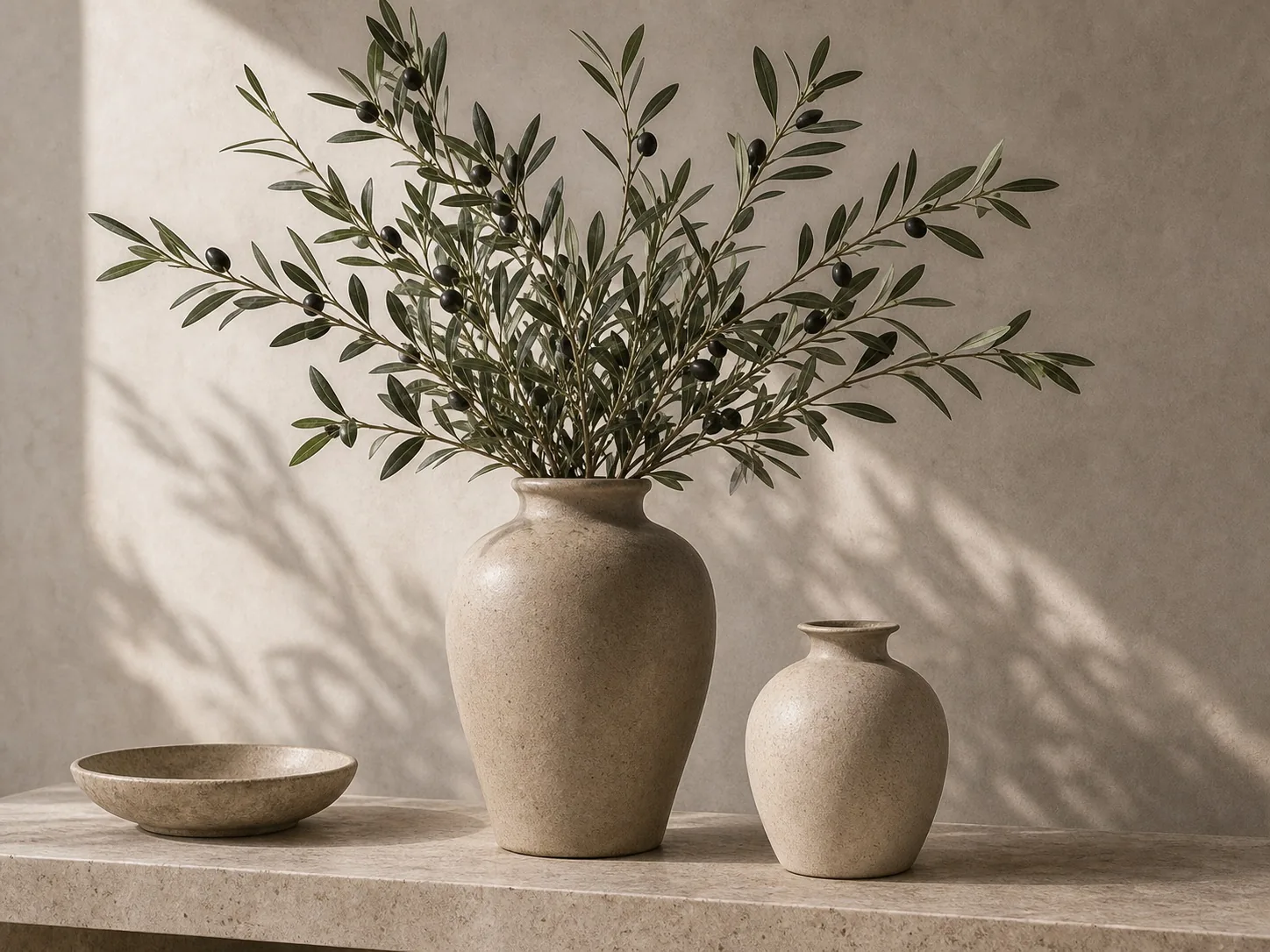 Premium ceramic vase with faux olive stems on a warm stone console