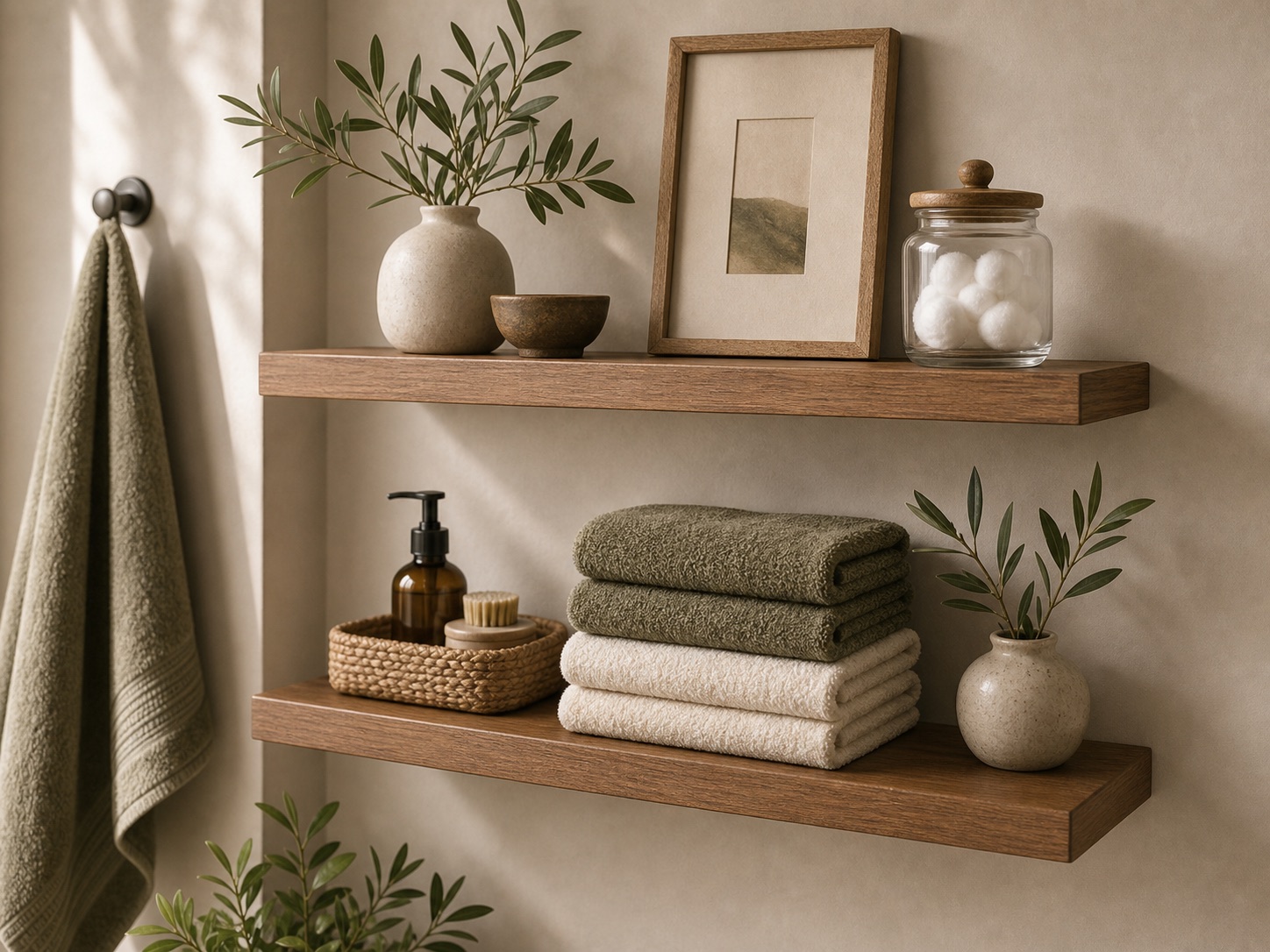 Premium pair of wood floating shelves styled with towels, glass jar, vase, and framed art