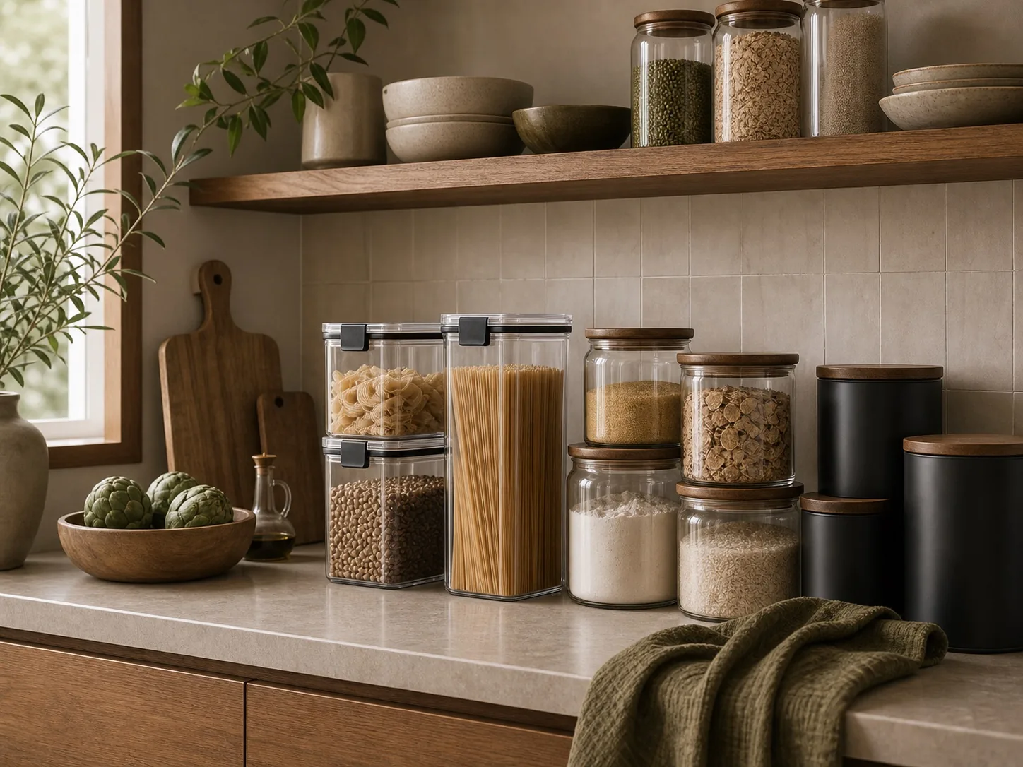 Premium kitchen counter styled with clear containers, glass jars, and matte black canisters