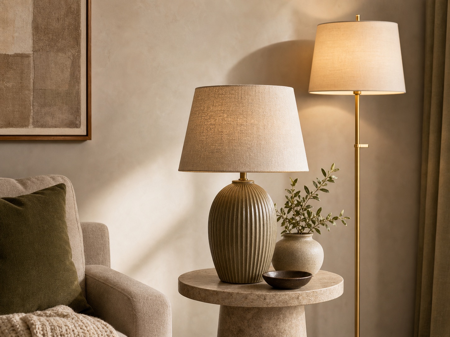 Premium styled table lamp and brass floor lamp in a warm neutral living room