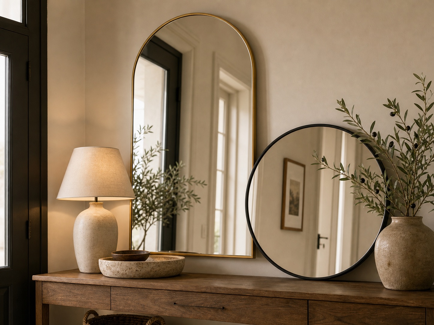 Premium arched brass mirror and round black mirror styled over an entry console