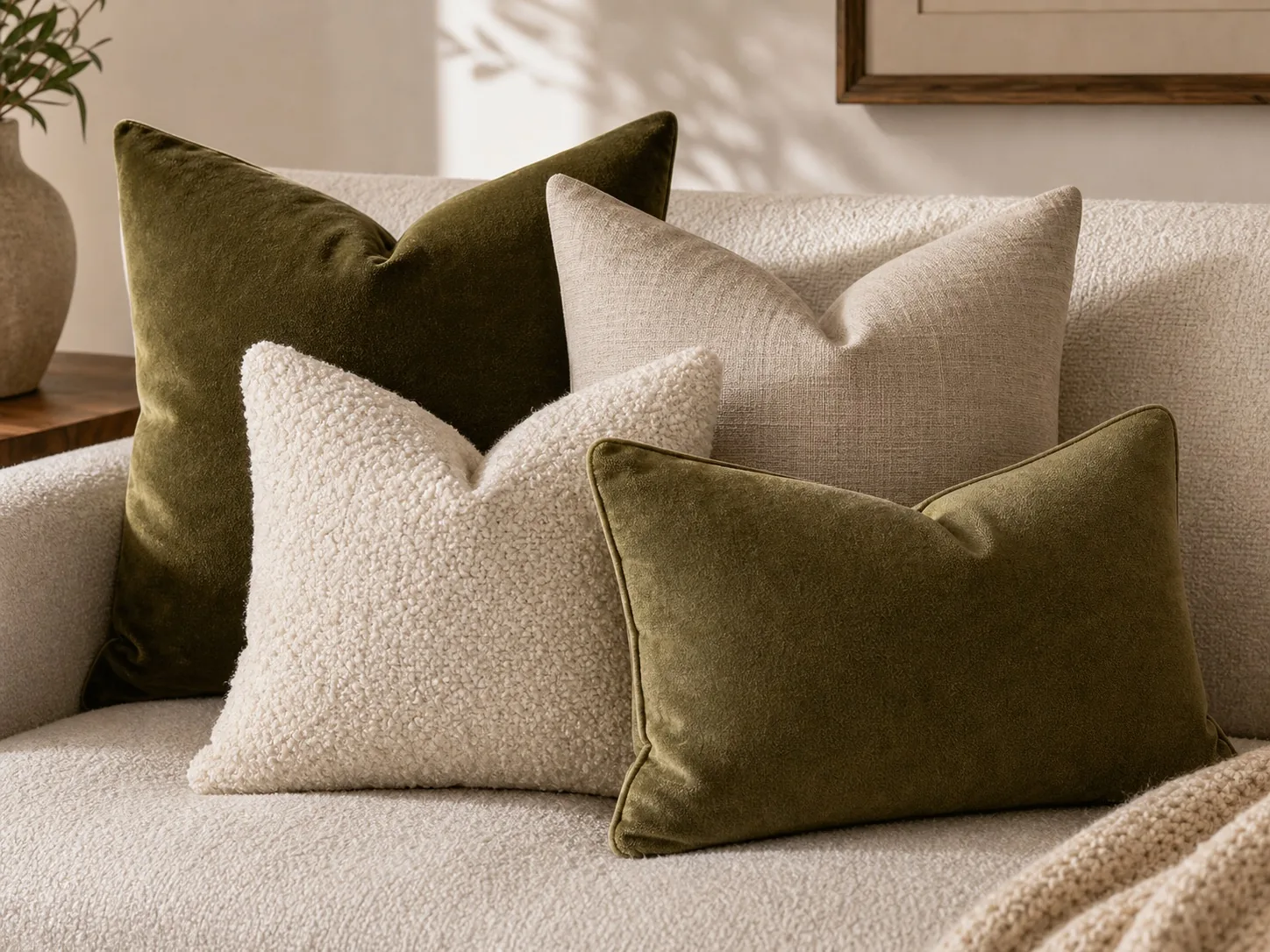 Premium neutral sofa styled with olive velvet and beige textured throw pillow covers