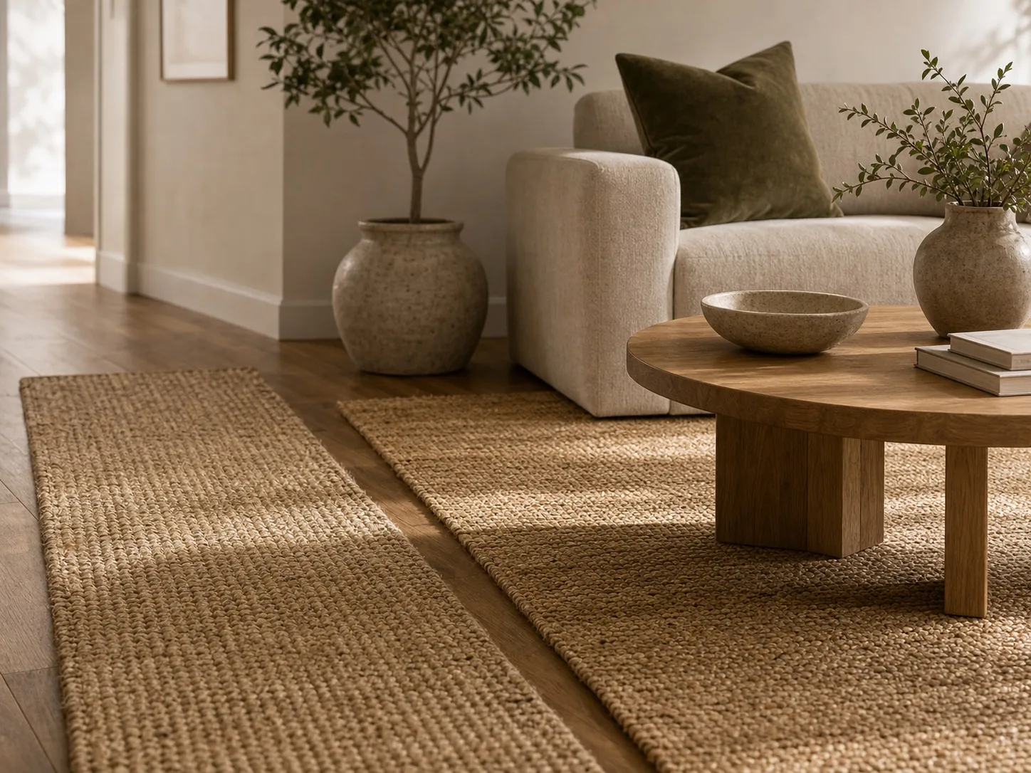 Premium natural fiber rug and runner styled with warm neutral furniture