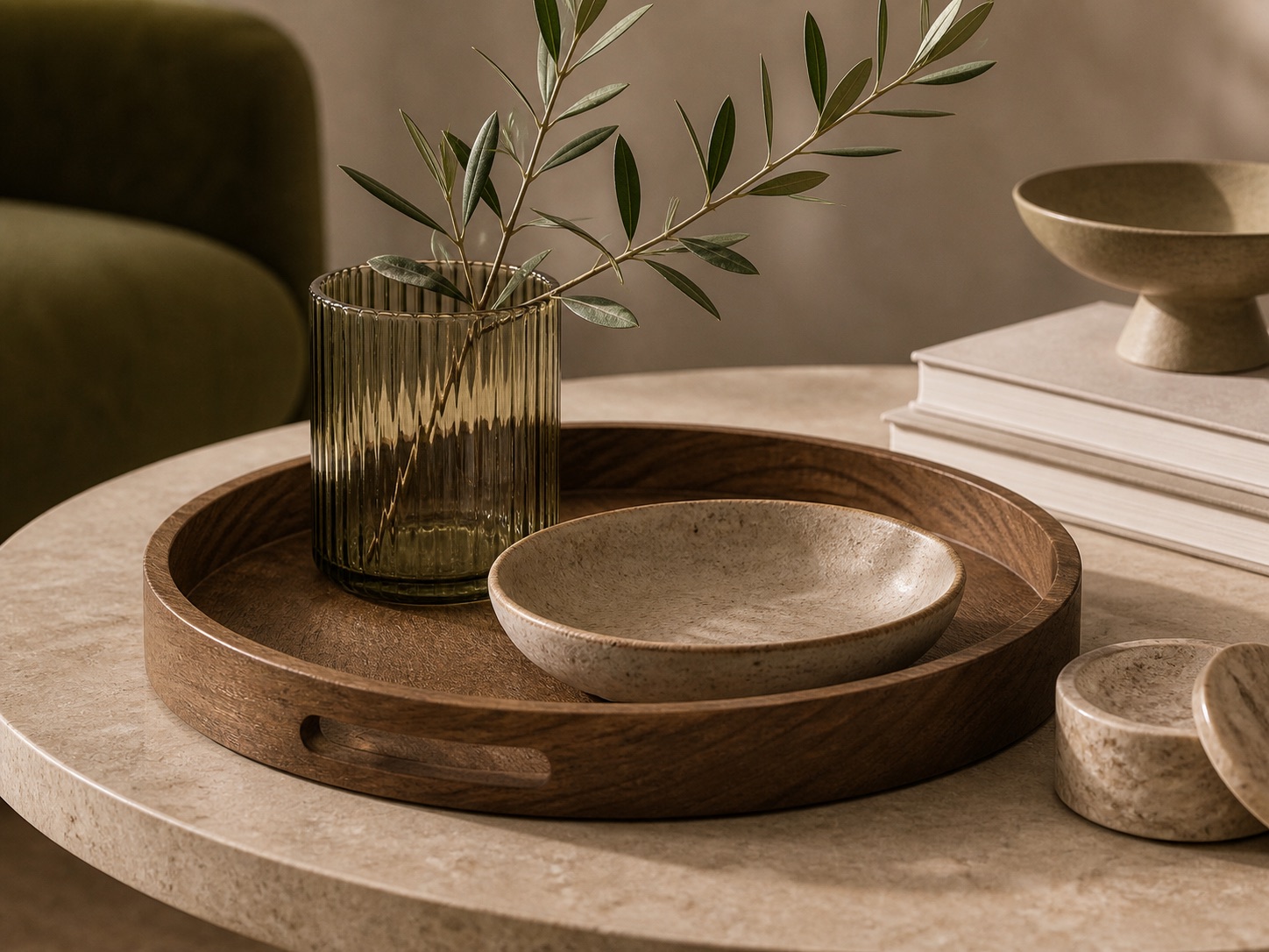 Premium coffee table still life with wood tray, ceramic bowl, books, and small vessel