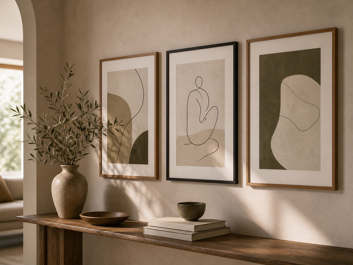 Premium neutral wall art set with abstract framed prints above a wood console