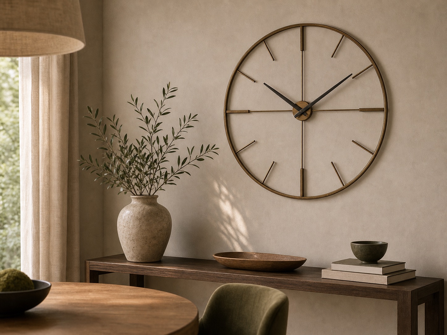 Premium oversized minimalist wall clock styled above a console table