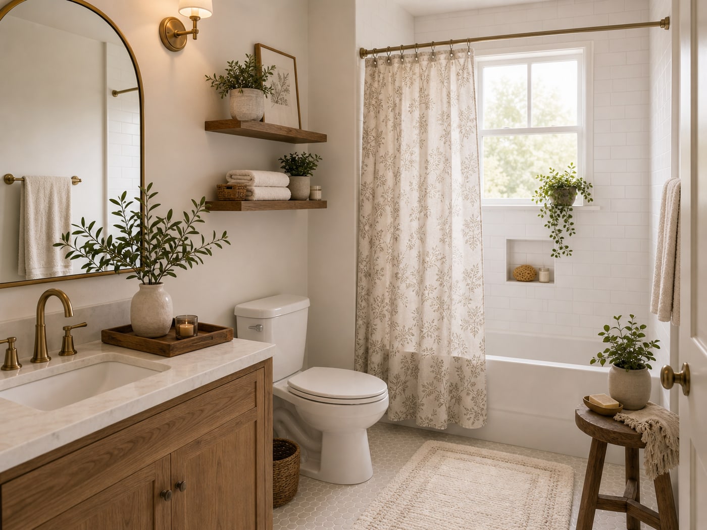 Coastal cottage bathroom with neutral bath mat, floral shower curtain, vanity tray, floating shelves, and gold arched mirror
