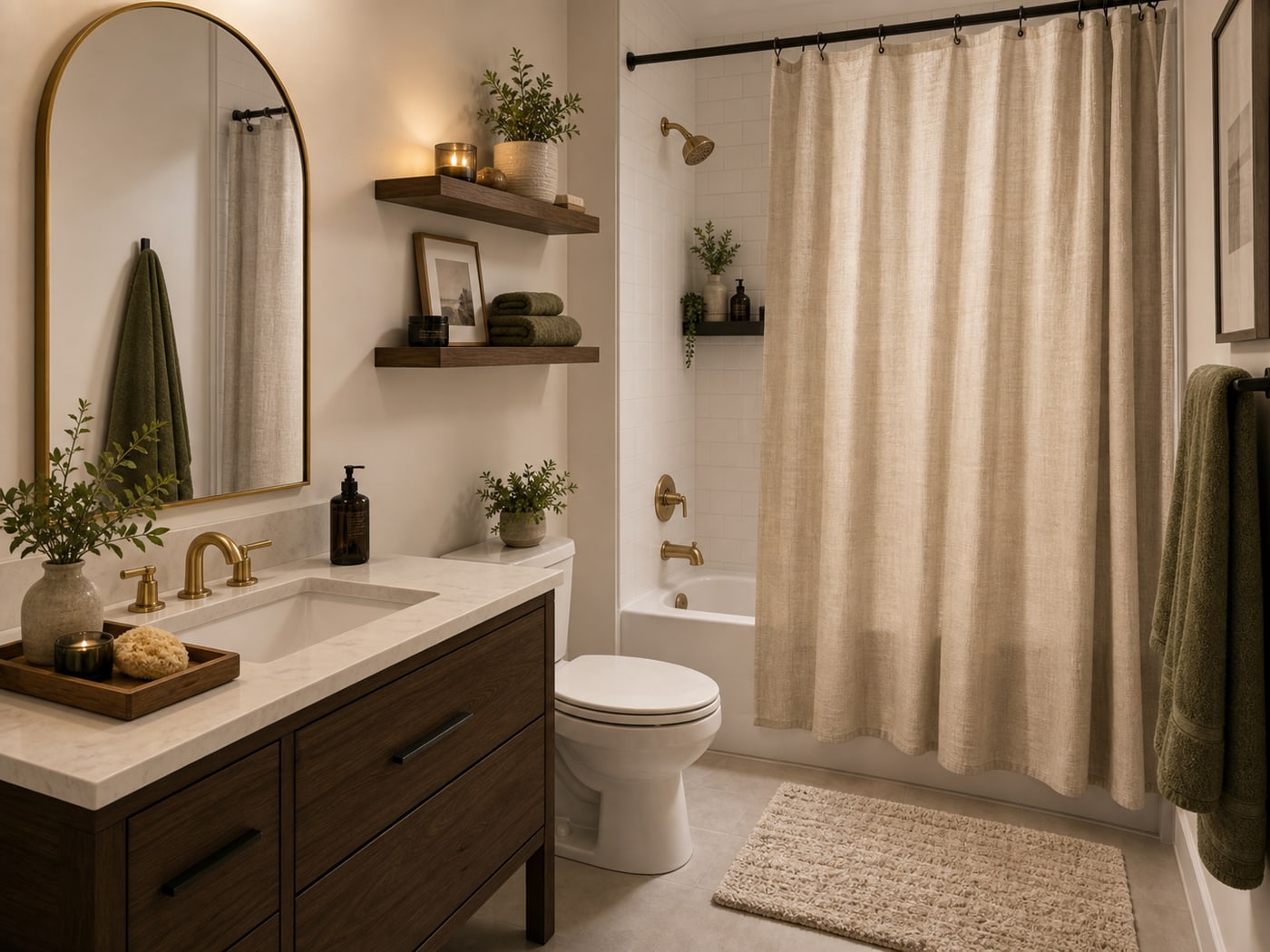 Renter-friendly spa bathroom with bath rug, neutral shower curtain, vanity tray, shelves, and gold arched mirror