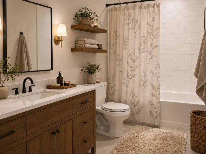 Spa retreat bathroom with neutral bath rug, botanical shower curtain, vanity tray, shelves, and black mirror