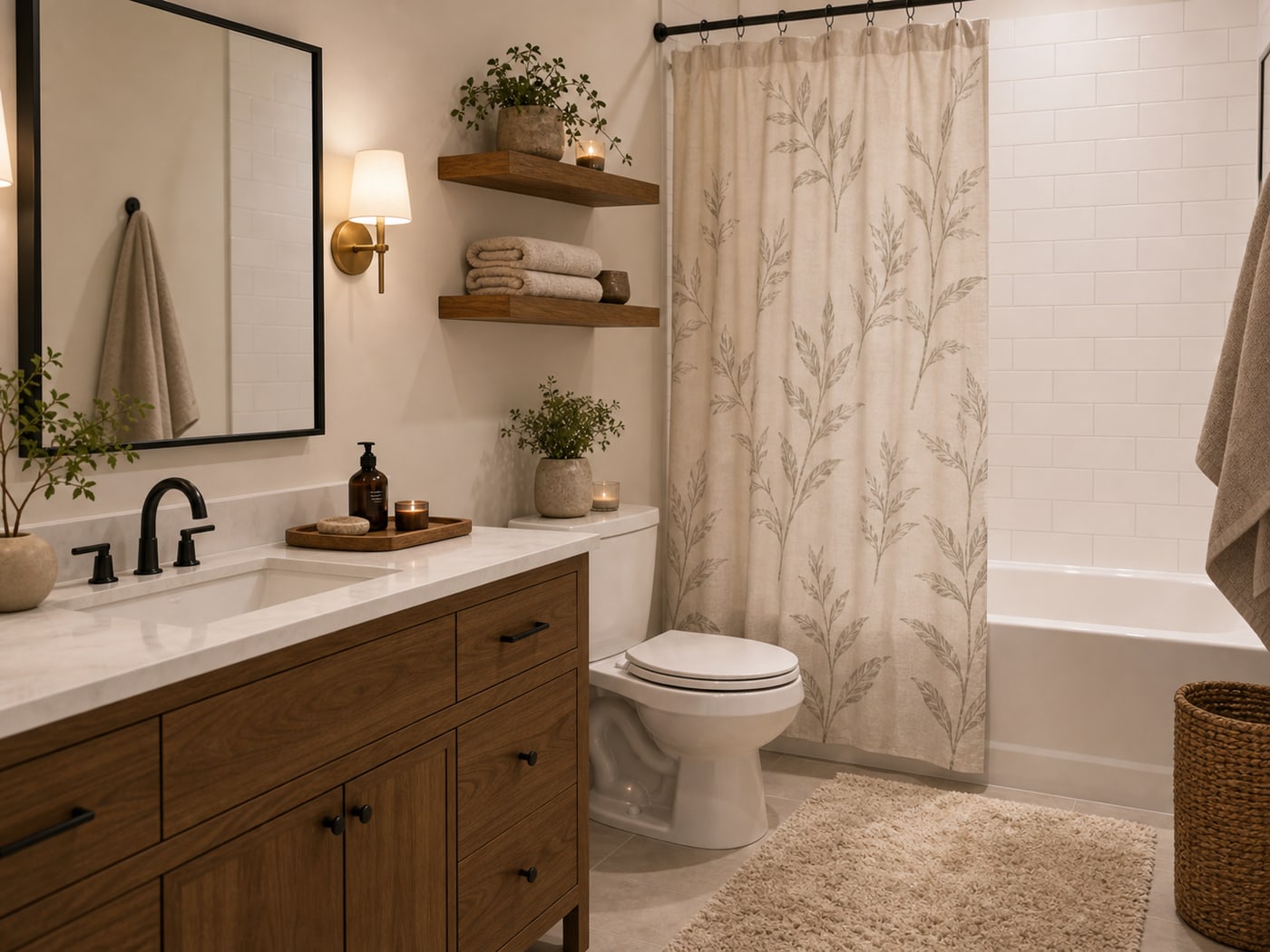 Spa retreat bathroom with neutral bath rug, botanical shower curtain, vanity tray, shelves, and black mirror