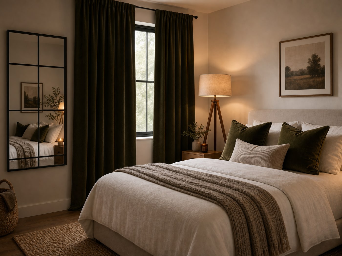 Dark dramatic bedroom with olive curtains, black metal mirror, olive pillows, and wood tripod lamp