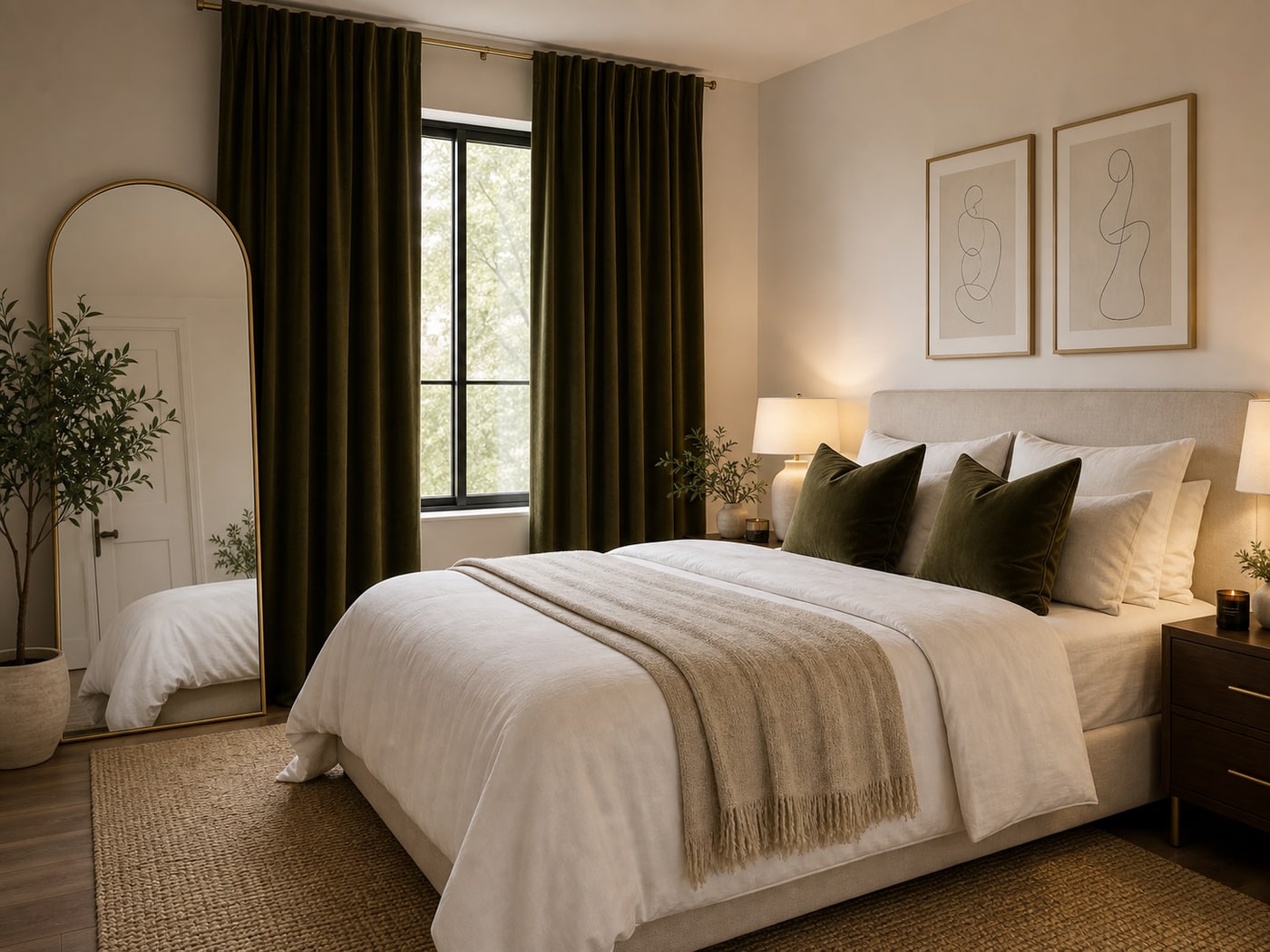 Hotel-style olive bedroom with velvet curtains, arched mirror, olive pillows, and minimal wall art