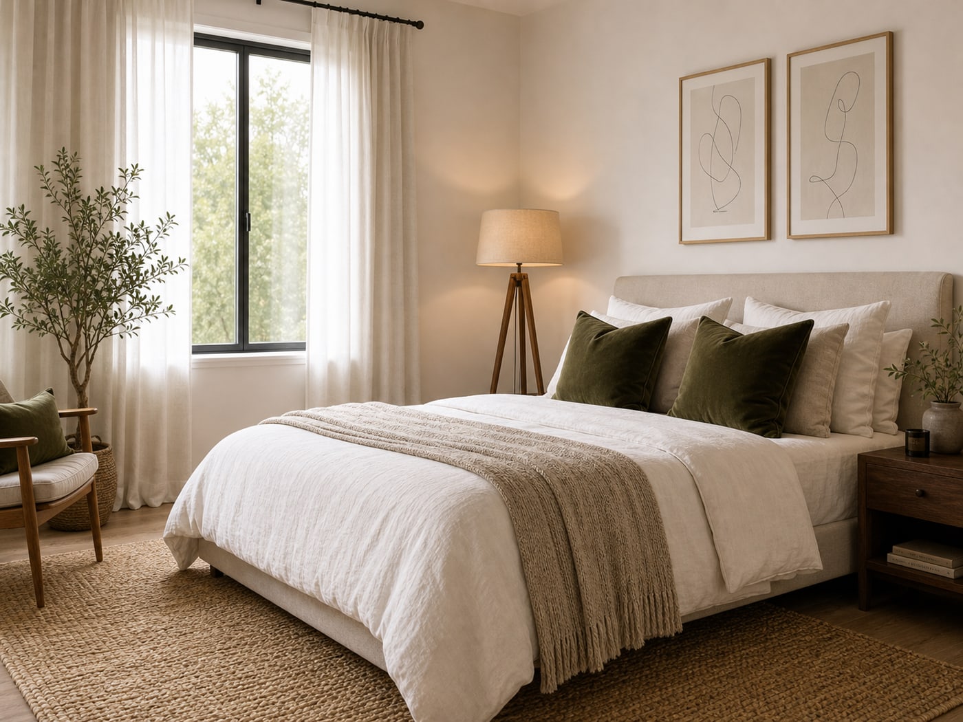 Warm Scandinavian bedroom with jute rug, line art, olive pillows, and wood tripod lamp