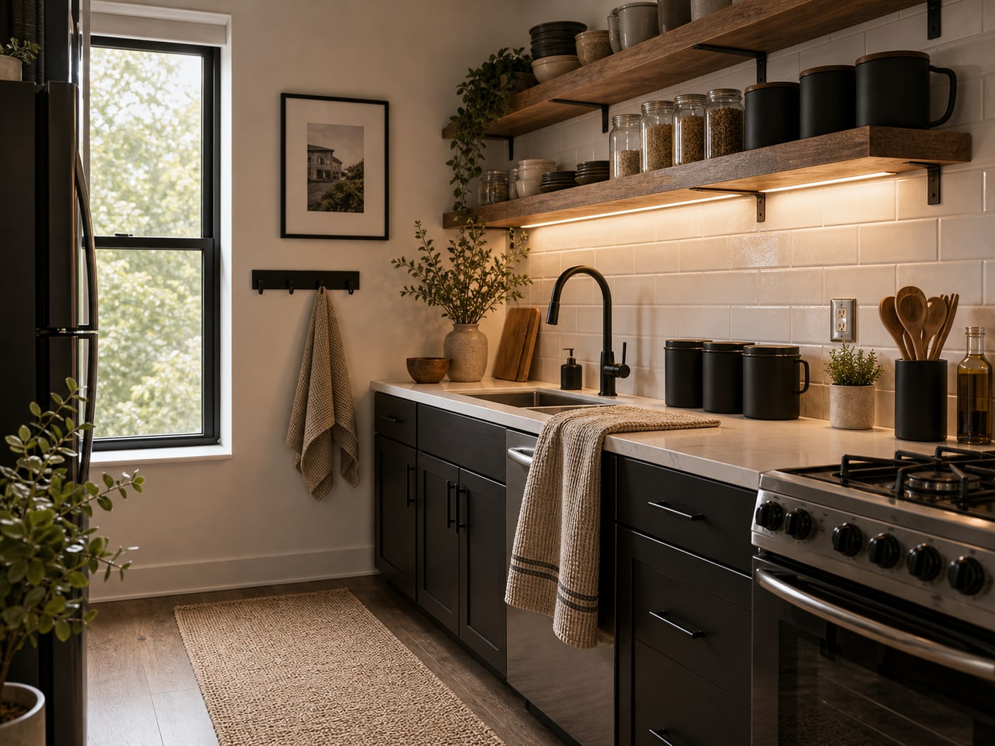 Industrial modern kitchen with floating shelves, waffle towels, runner rug, glass jars, and black canisters