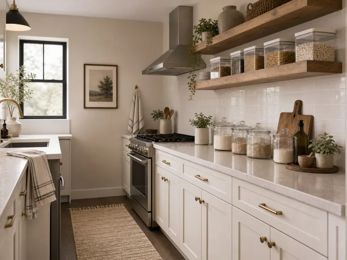 Modern farmhouse kitchen with glass jars, storage containers, neutral towels, runner rug, and shelves