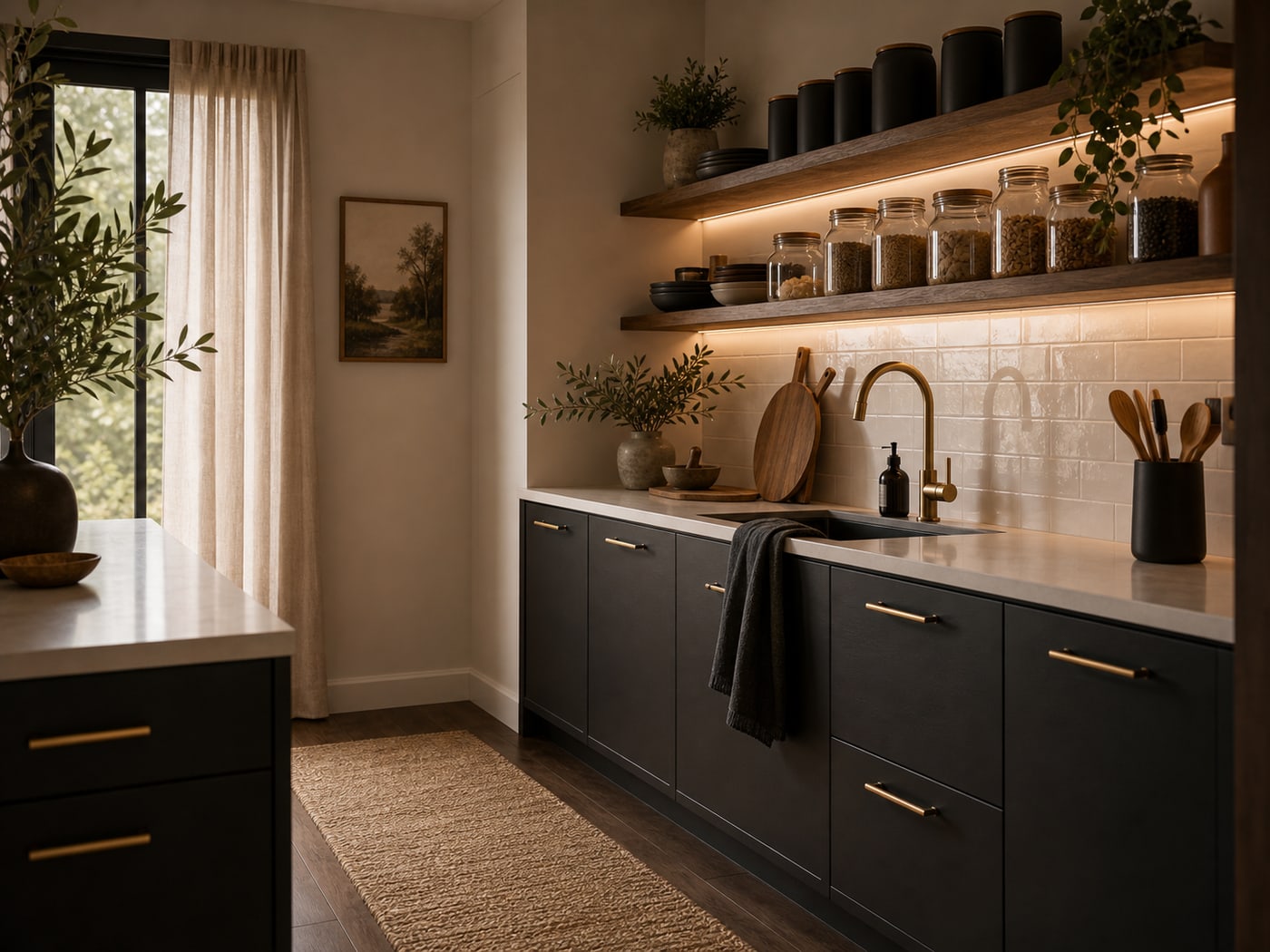 Moody dark kitchen with black canisters, dark towels, floating shelves, runner rug, and glass jars