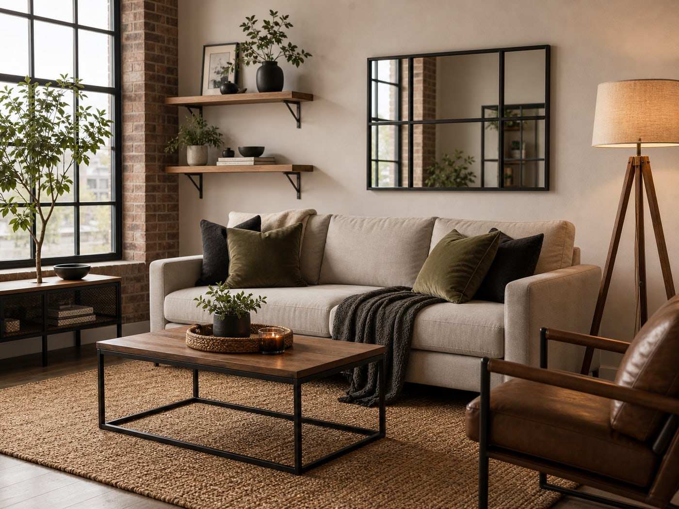 Warm industrial living room with jute rug, wood tripod lamp, black mirror, and floating shelves