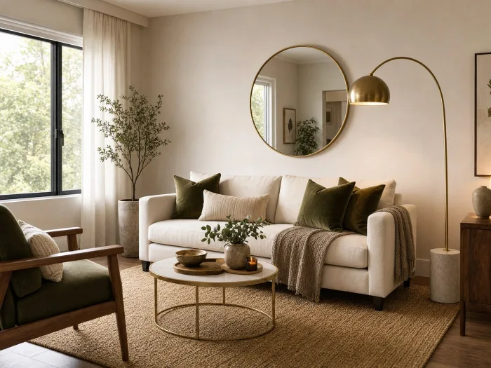 Salón minimalista moderno con alfombra de yute, lámpara de arco, cojines olivo y espejo dorado