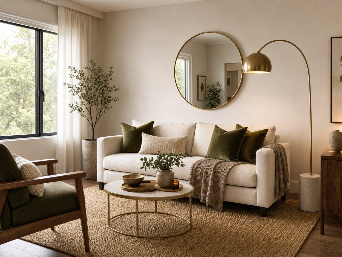 Modern minimalist living room with jute rug, arc lamp, olive pillows, and gold mirror