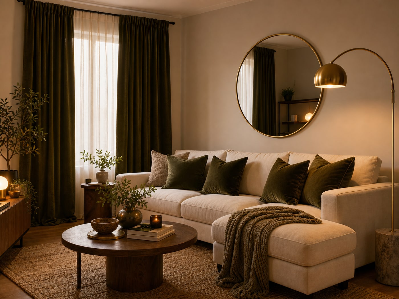 Moody olive living room with velvet curtains, olive pillows, gold mirror, and warm arc lamp