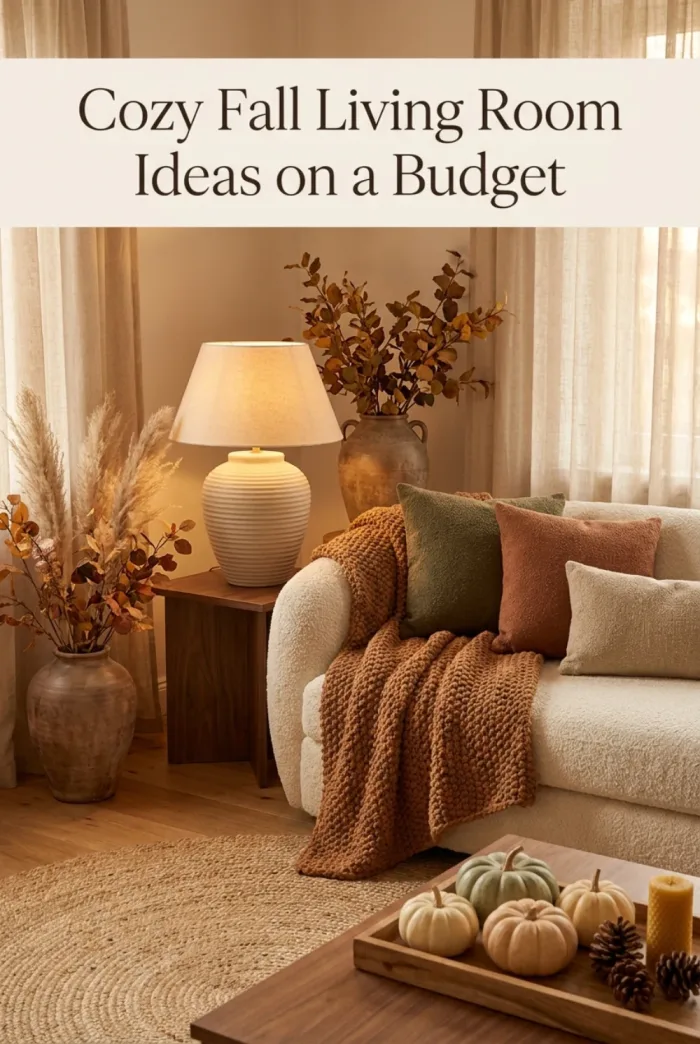 Cozy fall living room with rust throw, olive pillows, warm lamp, autumn branches, and neutral pumpkins