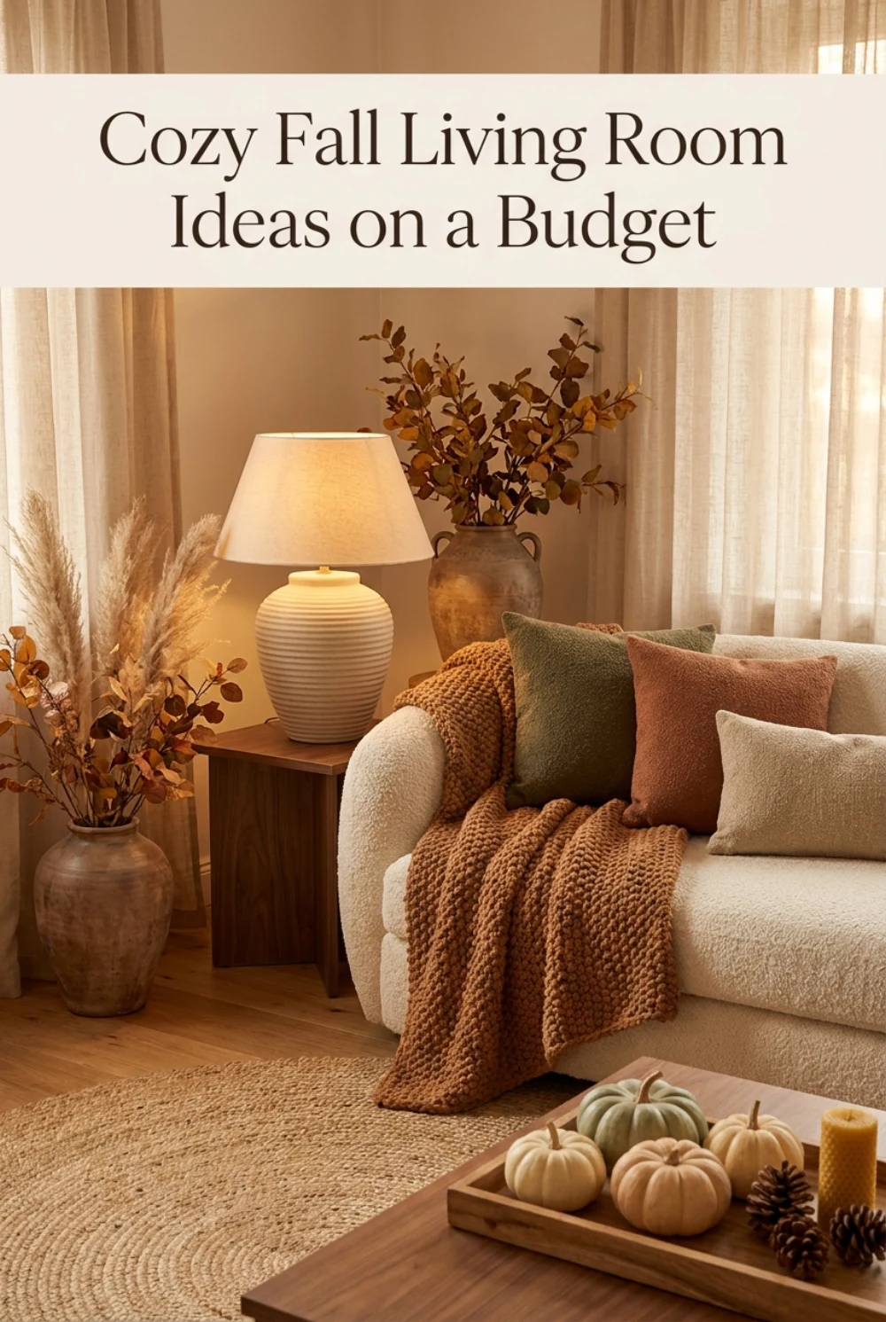 Cozy fall living room with a cream sofa, rust knit throw, olive and terracotta pillows, warm lamp, dried branches, ceramic pumpkins, wood table, and woven rug