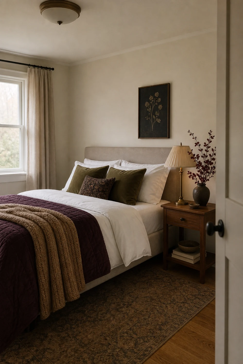 Boutique fall bedroom with aubergine quilt, olive velvet pillows, camel knit throw, warm lamp, and burgundy branches