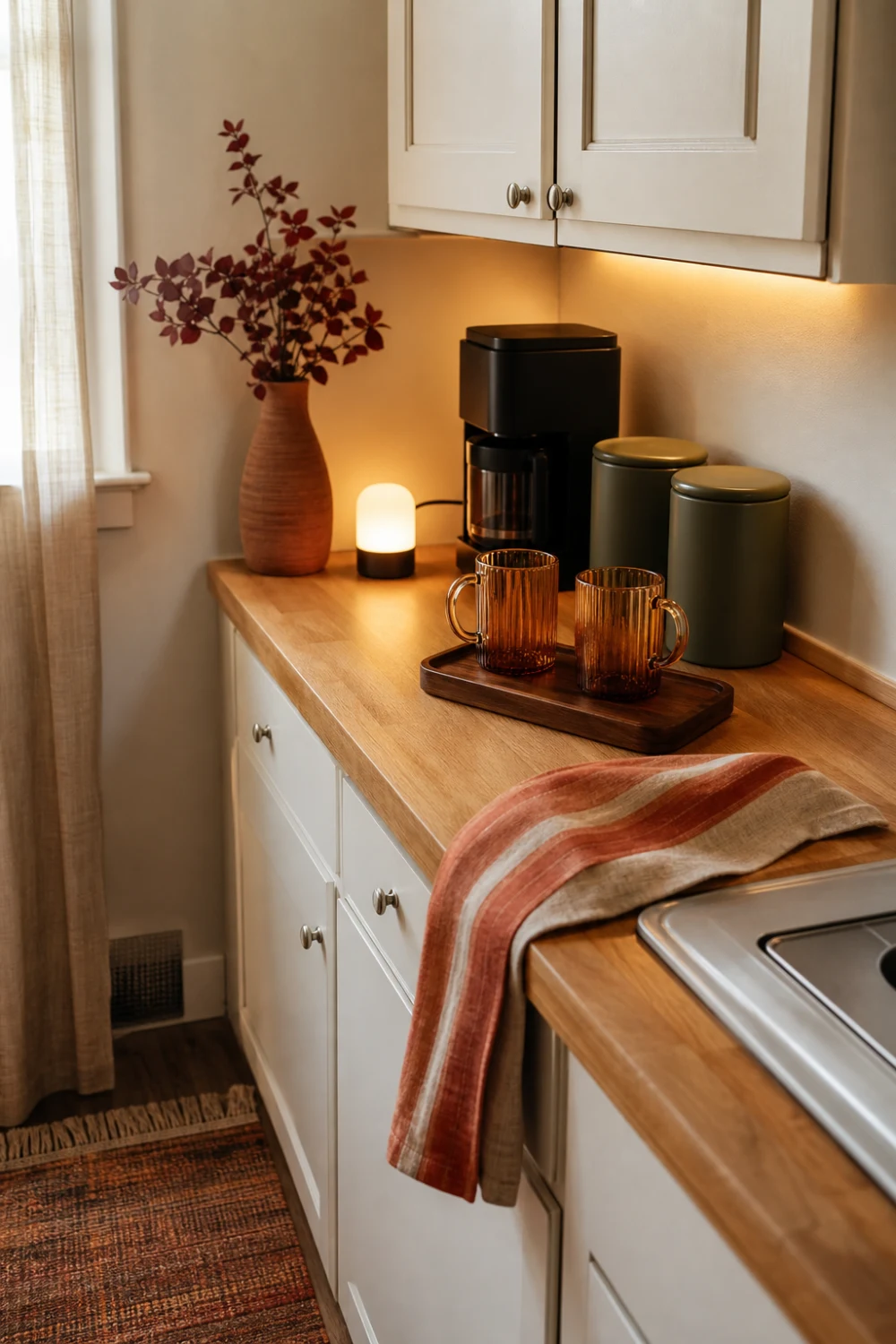 Small fall kitchen coffee corner with amber mugs, olive canisters, walnut tray, tiny lamp, rust towel, and burgundy branches