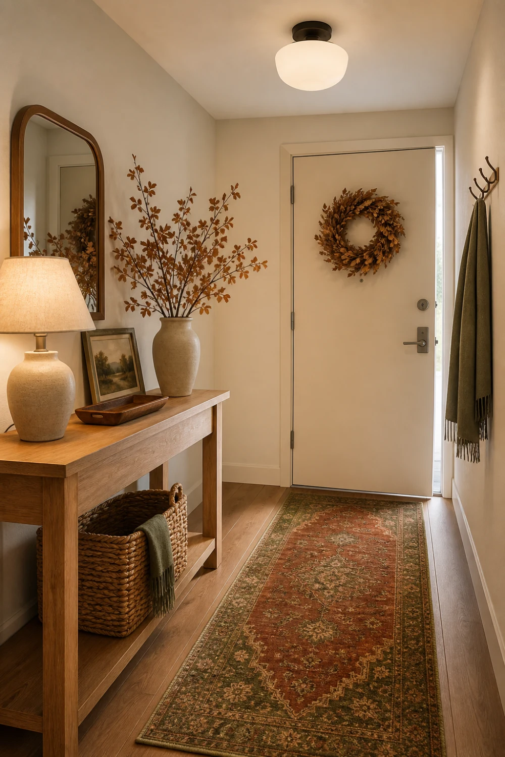 Warm fall apartment entryway with vintage runner, woven basket, ceramic lamp, wood tray, branches, and restrained wreath