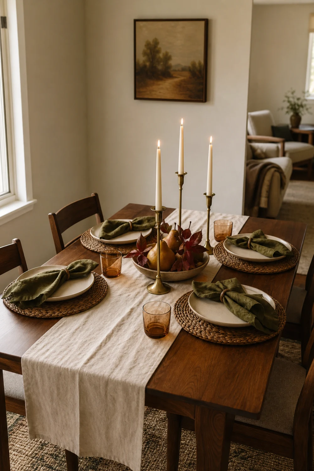 Affordable elevated Thanksgiving table with linen runner, olive napkins, woven placemats, brass candlesticks, amber glasses, pears, and burgundy leaves