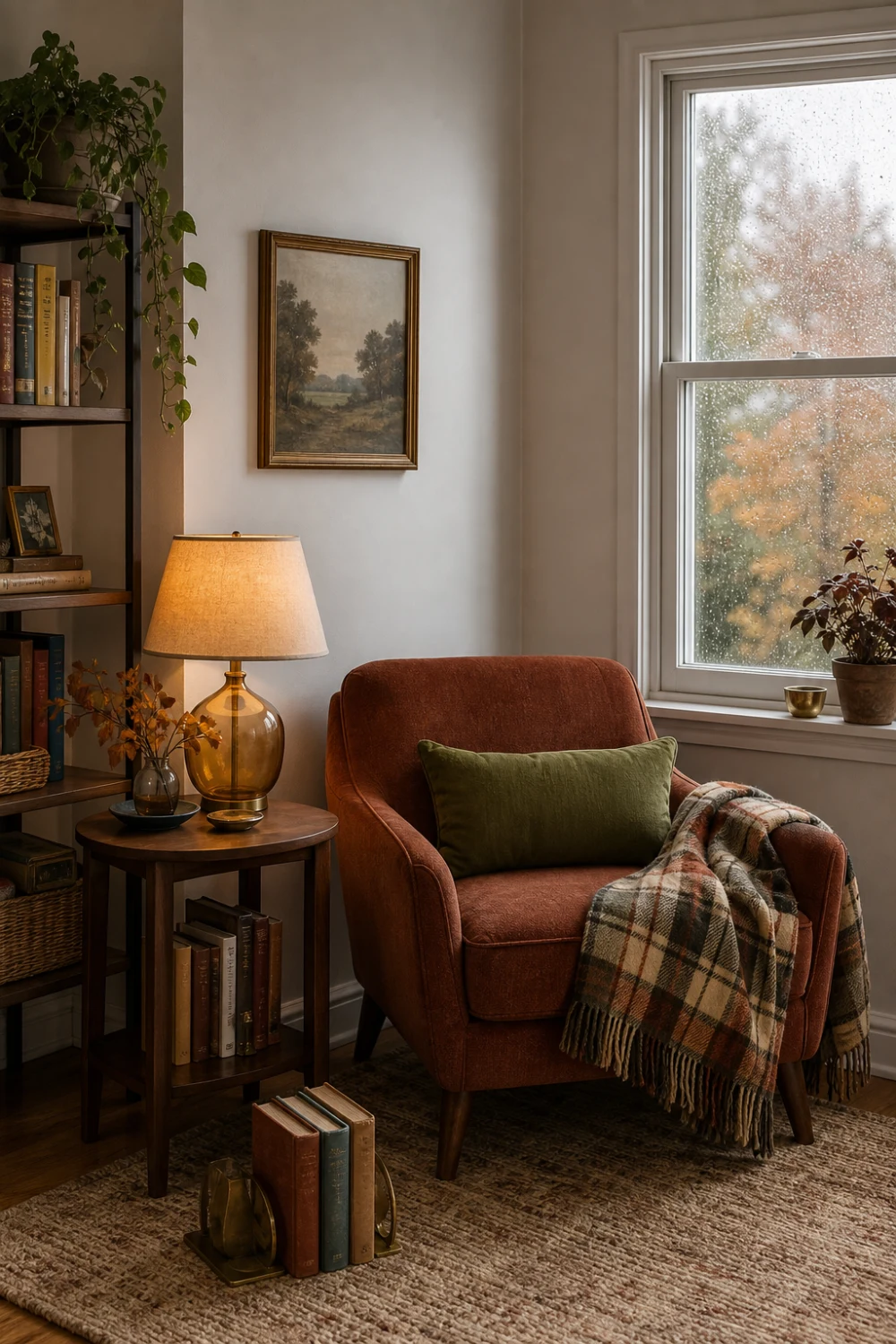 Attainable vintage fall reading nook with rust chair, plaid throw, olive pillow, amber lamp, and books